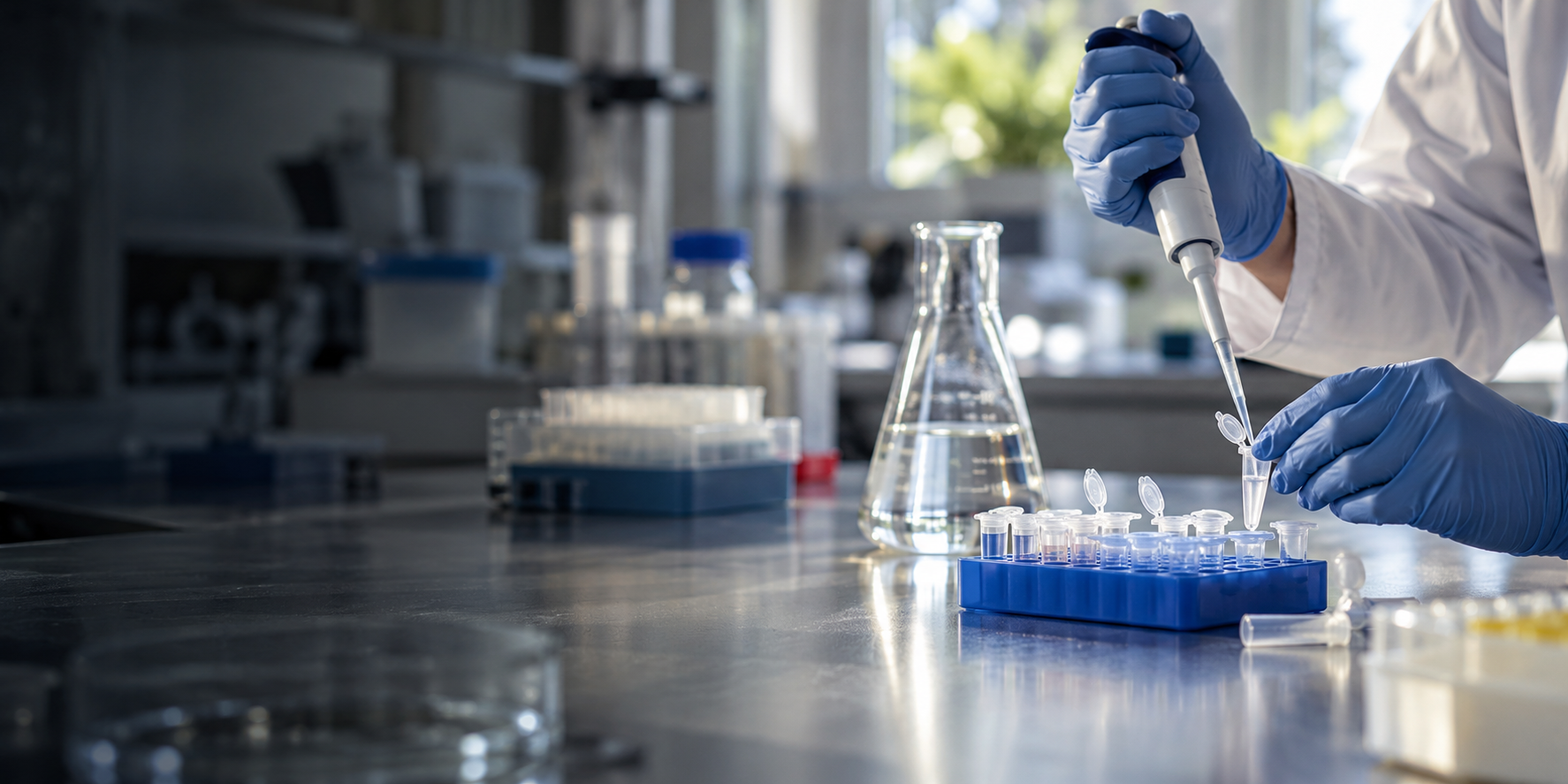 A beautiful active biochemistry research laboratory bench with a realistic pipette, a rack of microcentrifuge tubes and a clear glass flask in soft daylight